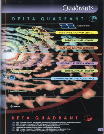 Map of the galaxy along the Alpha/Gamma boundary showing the Great Barrier, the Bajoran Wormhole, the Founder Homeworld and Ibran, Deneb (Alpha Cygni), Local Space, and the routes of the U.S.S. Enterprise (2268) and Enterprise-D (2364).