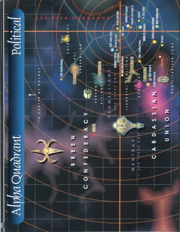 Political map of the Alpha Quadrant (left page): the Breen Confederacy, Ferengi Alliance, Promellians, Tzenkethi Coalition, and Cardassian Union, with the Demilitarized Zone and the direction toward the center of the galaxy.