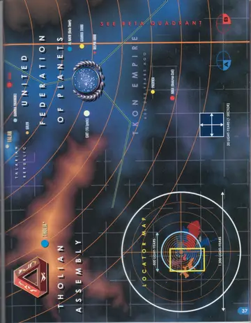 Political map of the Alpha Quadrant (right page): the United Federation of Planets, Talarian Republic, Tholian Assembly, and the bordering Tkon Empire region, with a locator map and one-sector grid scale.
