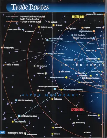Trade Routes map (left page): Denobulan, Earth, and Vulcan trade routes across the Alpha Quadrant, centered on Sol (Earth) and Denobula Triaxa (Iota Bootis), with Sectors 001 and 004 marked.