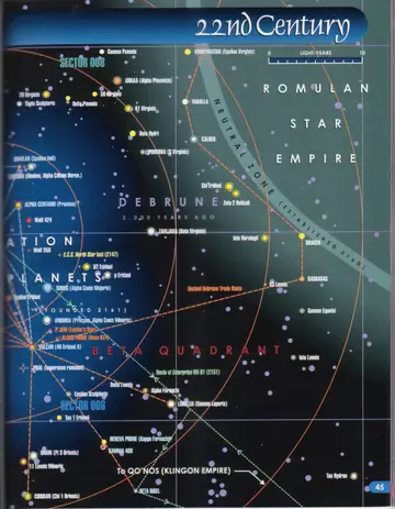 Trade Routes map (right page): 22nd-century routes extending into the Beta Quadrant toward Vulcan, the Romulan Star Empire and Neutral Zone, and Qo'noS (Klingon Empire), including the route of Enterprise NX-01 (2151) and the ancient Debrune Trade Route.