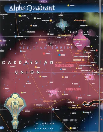 Map of the Cardassian Union (left page): the Cardassia and Algira sectors, the Badlands, Rolor and Amleth Nebulae, Deep Space 9, Bajor, and bordering Breen and Talarian Republic territory, with the losses of the U.S.S. Equinox (2373), U.S.S. Voyager (2371), and U.S.S. Denver (2368).
