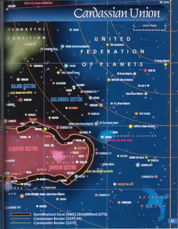 Map of the Cardassian Union (right page): the Bajor, Kalandra, Almatha, and Dorvan sectors bordering the Tzenkethi Coalition and United Federation of Planets, showing the Demilitarized Zone (established 2370) and the Cardassian Borders of 2339-69 and 2375.