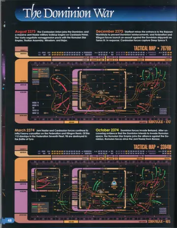 The Dominion War timeline (first page): tactical maps for August 2373, December 2373, March 2374, and October 2374.