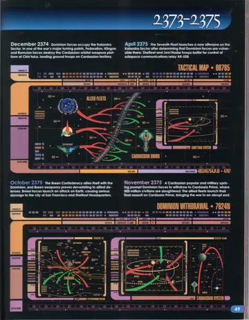 The Dominion War timeline (2373-2375, second page): tactical maps for December 2374, April 2375, October 2375, and the Dominion withdrawal of November 2375.