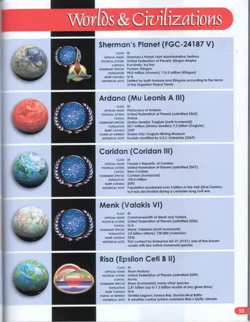 Worlds & Civilizations: planetary portraits and emblems for Sherman's Planet, Ardana, Coridan, Menk, and Risa.