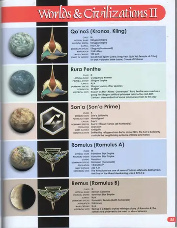Worlds & Civilizations II: planetary portraits and emblems for Qo'noS, Rura Penthe, Son'a, Romulus, and Remus.