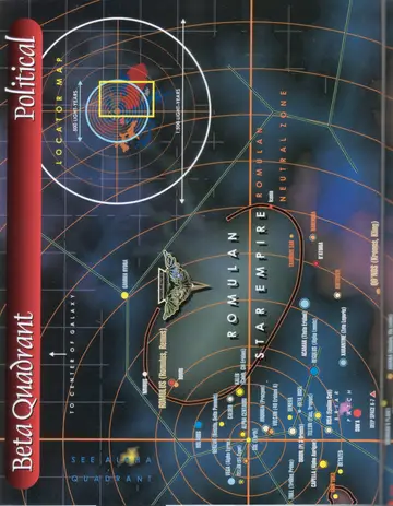 Political map of the Beta Quadrant (left page): the Romulan Star Empire and Romulan Neutral Zone, with a locator map and the direction toward the center of the galaxy, bordering the Alpha Quadrant.