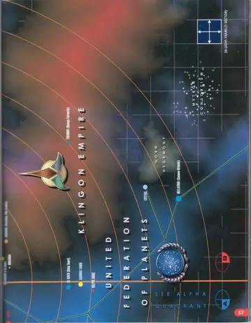 Political map of the Beta Quadrant (right page): the Klingon Empire and United Federation of Planets, with the Gorn Hegemony and Metron Consortium, marking Cestus and Bellatrix (Gamma Orionis), and a 20-light-year (one-sector) grid scale.