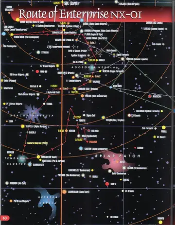 Route of Enterprise NX-01 map (left page): the early voyages of Enterprise NX-01 from Sol past Vulcan (40 Eridani A), Andoria, Akaali, and the Agosoria Nebula, with the Asteroid Field and surrounding star systems.