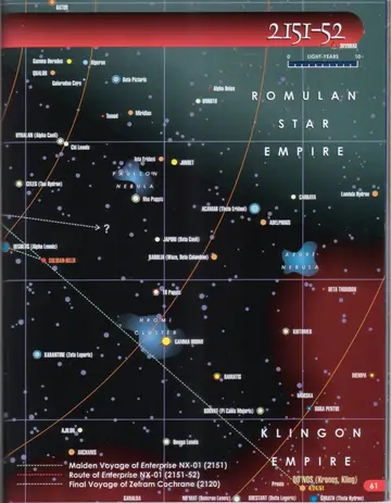 Route of Enterprise NX-01 map (right page): the route continuing toward the Romulan Star Empire and Qo'noS (Kronos, Kling), with a legend for the Maiden Voyage of Enterprise NX-01 (2151), the Route of Enterprise NX-01 (2151-52), and the Final Voyage of Zefram Cochrane (2120).