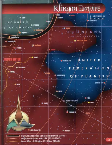 Map of the Klingon Empire showing the Mempa Sector, Pheben, and Starbase 24, with the Romulan Neutral Zone, the disputed border with the UFP (2152-2267), and the front line of the Klingon Civil War (2368).