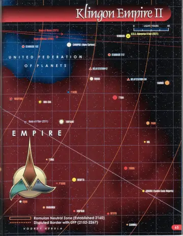 Overview map of the Beta Quadrant placing the Klingon Empire detail area in context, showing the Romulan Star Empire, United Federation of Planets, Gorn Hegemony, and Metron Consortium, the Briar Patch, the Delta Triangle, and the losses of the U.S.S. Bonaventure (2079) and the S.S. Farragut (2373), with a SEE DETAIL MAP callout.