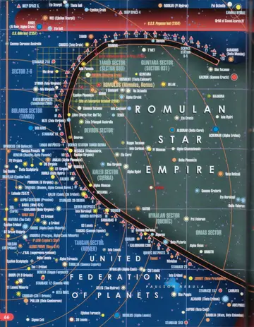 Map of the Romulan Star Empire (left page): the border with the United Federation of Planets, showing the Tango, Devron, Kaleb (Sierra), Tagran (Romeo), Bolarus (Tango), and Hyralan (Quebec) sectors, the site of the Enterprise loss (2364), and the Romulan Neutral Zone.