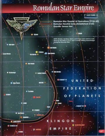 Map of the Romulan Star Empire (right page): the heart of the Empire bordering the United Federation of Planets and Klingon Empire, marking Romulus, Khazara, Norkan (Pi Hydrae), the Romulan War Theater of Operations (2156-60), the Romulan Neutral Zone (established 2160), and the Gravitic Sensor Net, with a note that Romeo, Quebec, Sierra, and Tango were used as code terms during the Romulan War.
