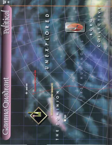 Political map of the Gamma Quadrant (left page): the Dominion and the Omarion Nebula (Founder Homeworld) near Idran, bordered by Unexplored space, the First Humanoids (4 billion years ago), and the Borg Collective, with Quasar M80, Quasar M39, and the route of the Quadros-1 Probe (2192-2369).