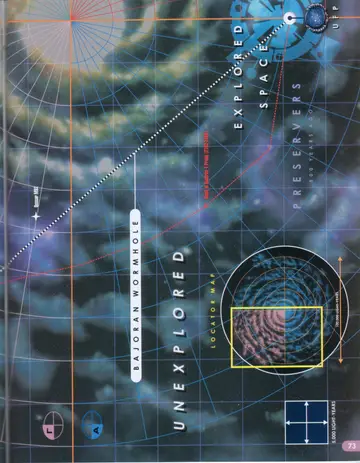 Political map of the Gamma Quadrant (right page): the Bajoran Wormhole leading to Unexplored space and Explored Space toward the UFP, the Preservers (4,830 years ago), and a locator map with grid scale.