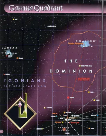 Star map of the Dominion (left page): the Omarion Nebula and Founder Homeworld, Kurrill Prime (Vorta), the Lantar Nebula, the Idran terminus of the Bajoran Wormhole with surrounding worlds (Karemma, Dosi, T-Rogoran, New Bajor, Parada, Wadi, Stakoron), the former Iconian region (200,000 years ago), the route of the Obsidian Order/Tal Shiar attack (2371), and the Chamra Vortex.