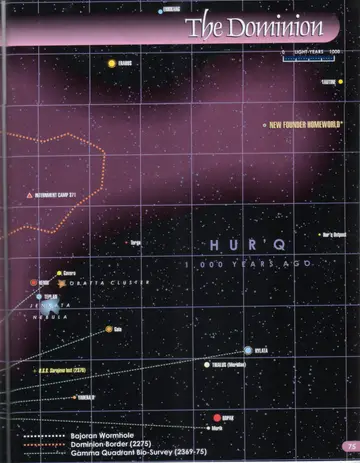 Star map of the Dominion (right page): the New Founder Homeworld in the former Hur'q region (1,000 years ago), Internment Camp 371, the Obatta Cluster and Jenkata Nebula, Trialus (Meridian), Yadera II, the loss of the U.S.S. Sarajevo (2370), and a legend for the Bajoran Wormhole, the Dominion Border (2275), and the Gamma Quadrant Bio-Survey (2369-75).