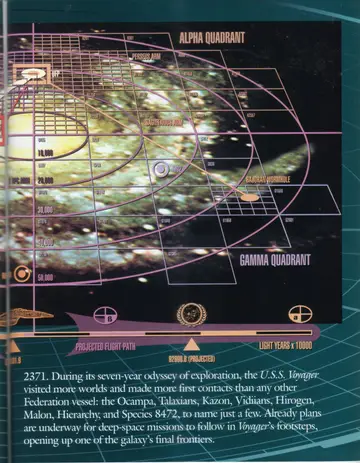 Continuation of the U.S.S. Voyager flight-path chart toward the Alpha and Gamma Quadrants, showing the Perseus Arm and Sagittarius Arm, the Bajoran Wormhole, the projected flight path, and a distance scale in light-years (x 10,000).