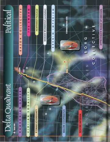 Political map of the Delta Quadrant (left page): the Haakonian Order, Vidiian Sodality, B'omar Sovereignty, Malon Cooperative, Devore Imperium, Kazon Collective, The Swarm, Northwest Passage, Barzan Wormhole (unstable), and Krenim Imperium, with U.S.S. Voyager's route and the Borg Collective overlying the Ancient Hirogen range and the approximate range of the Hirogen.