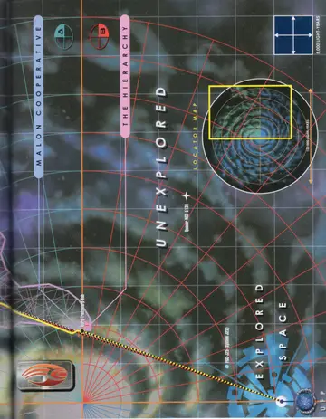 Political map of the Delta Quadrant (right page): the Malon Cooperative and The Hierarchy bordering Unexplored space and Explored Space, with a locator map (grid scale 5,000 light-years) of a swirling spatial feature.