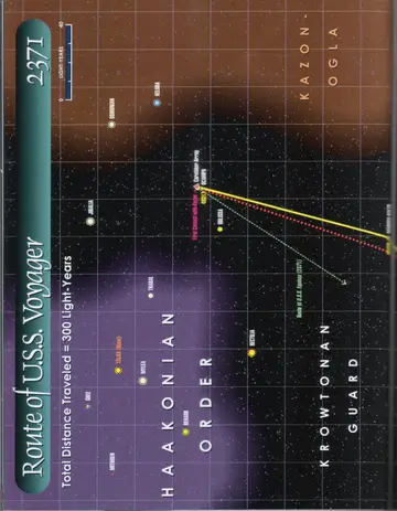 Route of U.S.S. Voyager, 2371: total distance traveled = 300 light-years. From Ocampa and the Caretaker Array through the Haakonian Order (Talax/Rinax, Mithren, Gree, Rekarr, Mylea, Jibalia, Trabal, Rectilia) toward the Kazon-Ogla, with the First Contact with Kazon and the route of the U.S.S. Equinox (2371).