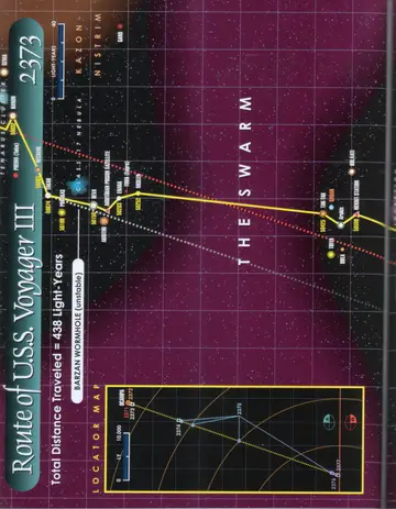 Route of U.S.S. Voyager III, 2373: total distance traveled = 438 light-years. Crossing The Swarm and a Class-M Nebula through Kazon-Nistrim space toward the Barzan Wormhole (unstable), with a locator map of the route from 2371 to 2377.