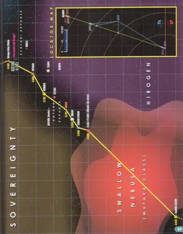 Route of U.S.S. Voyager IV, 2374 (continued): through B'omar Sovereignty and Hirogen space (Hirogen Relay Station, Sector 41741, Enthara, Trakia, Kobali, Kendren, Entaba, Omega, Benthos/Bentha, Mikah, Vaskan-Kyrian, Class-Y Planet/Mimetic Life-forms, Trading Colony) across the Vyntadi Expanse, Kotaba Expanse, and Swallow Nebula (Mutara-class), with the First Contact with Hirogen and a locator map of the route from 2371 to 2377.