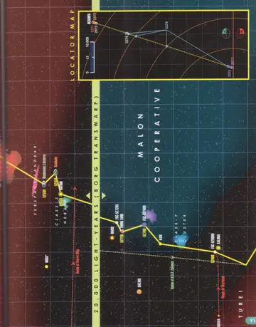 Route of U.S.S. Voyager V, 2375 (continued): a 20,000-light-year Borg Transwarp jump through the Malon Cooperative and Turei space (Noss, Bioplasmic Lifeform, Sinkhole, Matori, Rivos, Think Tank, Kadii, Salinia, Hazari, Class-Y Cluster, Subspace Sandbar) with the route of the Varro Ship, the route of the U.S.S. Equinox, the route of the Warhead, and a locator map of the route from 2371 to 2377.
