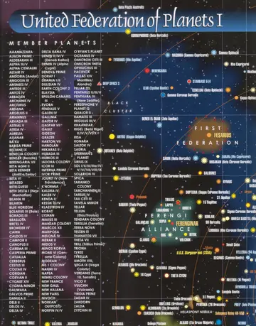 United Federation of Planets I: a star map of the core of Federation space, with the alphabetical list of UFP member planets, bordered by the First Federation, the Ferengi Alliance, and the Black Cluster.