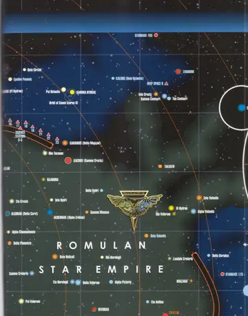 United Federation of Planets I (continued): a star map of the Romulan Star Empire border, with the Romulan emblem, the Azure Nebula region, Acamar (Theta Eridani), Achernar (Alpha Eridani), Khazara, and starbases including Starbase 173 and Starbase 185.
