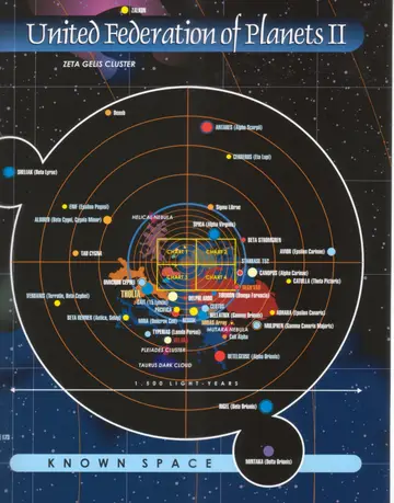 United Federation of Planets II: a radial chart titled Known Space, 1,500 light-years across, with the central inset divided into Chart 1, Chart 2, Chart 3, and Chart 4, surrounded by named star systems including Sheliak, Rigel (Beta Orionis), Betelgeuse (Alpha Orionis), Tholia, the Pleiades Cluster, the Mutara Nebula, and the Helical Nebula.