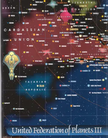 United Federation of Planets III: a star map of the antispinward border, showing the Cardassian Union, the Talarian Republic, the Tzenkethi Coalition, the Breen, the Demilitarized Zone, Cardassia, Bajor, the Dark Matter Nebula, and the loss of the U.S.S. Voyager (2371).