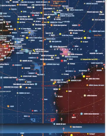 United Federation of Planets chart (continued): a star map of the core systems including the Briar Patch, Regulus (Alpha Leonis), Capella (Alpha Aurigae), the Tendara Cluster, the Argus Star Group, and locator markers A and B linking to the detailed inset charts.