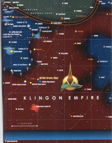 United Federation of Planets chart (continued): a star map of the Klingon Empire and the Romulan Neutral Zone, with the Klingon emblem, Qo'noS (Kronos, Kling), Praxis, Khitomer, Narendra, Rura Penthe, the Azure Nebula, and a one-sector scale bar.