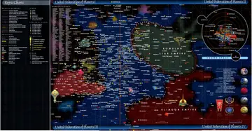 United Federation of Planets I-IV: the four-panel master fold-out map of Federation space, presented with the Key to Charts legend at left and showing the Cardassian Union, the Romulan Star Empire, the Klingon Empire, and the bordering Brown Space and Federation member systems; includes the official United Federation of Planets profile.