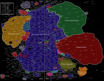 Shakaar's Alpha/Beta Map v3.2: a political map spanning the Alpha and Beta Quadrants, with the United Federation of Planets at center surrounded by the Cardassian Union, the Ferengi Alliance, the Breen, the Romulan Star Empire with its Neutral Zone, the Klingon Empire, the Tholian Assembly, and the Nyberrite Alliance, accompanied by a dense alphabetical index of star systems and a symbol legend.