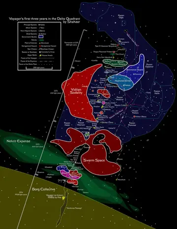 Voyager's first three years in the Delta Quadrant, by Shakaar: a route map marking Voyager's path from 2371 onward through the Vidiian Sodality, the Nistrim and other Kazon sects, the Haakonian Order, the Numiri/Numin Empire, Swarm Space, the Nekrit Expanse, and toward the Borg Collective, with Kes throwing the ship 9500 light-years (2374) and a legend of system types, hazards, and routes (Voyager, Equinox, Delta Flyer).