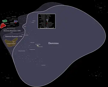 The Dominion: a map of Dominion-controlled space in the Gamma Quadrant centered on Cardassia, showing the Dominion Expansion borders of 2369 and 2370, the T-Rogoran Empire, the Karemma worlds, the Bajoran Wormhole, the Omarian Nebula, and a legend of system types and features (1,000-light-year scale).
