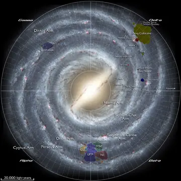 Milky Way Galaxy galactic map: a photographic top view of the spiral galaxy with its arms labeled (Dinkiri, Norma, Scutum-Crux, Sagittarius-Carina, Orion, Perseus, and Cygnus Arms), the four quadrants marked at the edges, and the locations of major powers including the United Federation of Planets, Cardassian Union, Romulan Star Empire, and Klingon Empire (Alpha/Beta), the Dominion (Gamma), and the Borg Collective, Kazon sects, Vidiian Sodality, Devore Imperium, Malon, Hierarchy, Krenim Imperium, and Voth (Delta); 20,000-light-year scale.