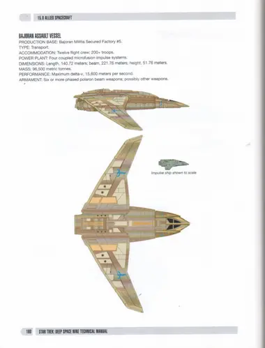 Bajoran Assault Vessel, shown in side and top views, with the impulse ship shown to scale.