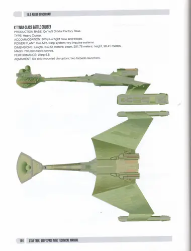 K'T'inga-class battle cruiser, shown in side and top views.