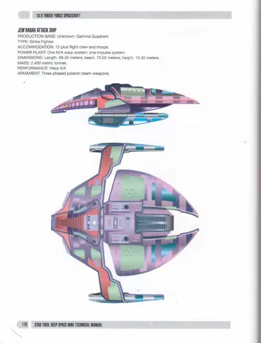 Jem'Hadar attack ship, side and top plan views.