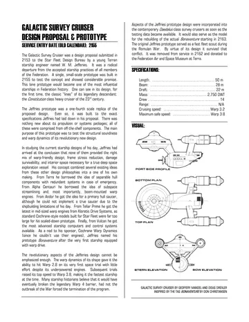 Galactic Survey Cruiser (Jeffries prototype) schematic — port bow profile, bottom plan, top plan, stern elevation, and bow elevation