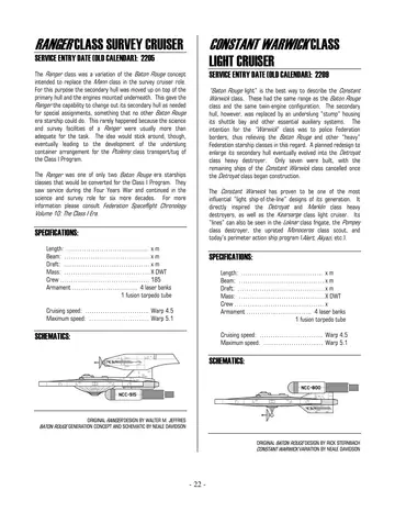 Ranger class survey cruiser schematics. Original Ranger design by Walter M. Jeffries; Baton Rouge generation concept and schematic by Neale Davidson.