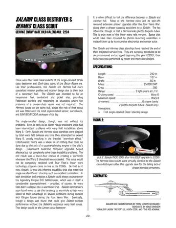 U.S.S. Saladin (NCC-500) after first ESLP upgrade (c.2250). The Hermes class scouts were virtually identical to the Saladin class destroyers after this upgrade save for the telling lack of photon torpedo armament. Saladin and Hermes design by Franz Joseph Schnaubelt; schematic by Neale Davidson.