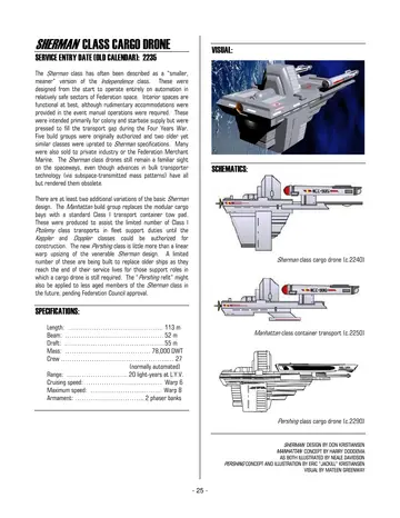 Sherman class cargo drone (c.2240); Manhattan class container transport (c.2250); Pershing class cargo drone (c.2290). Sherman design by Don Kristiansen; Manhattan concept by Harry Doddema; Pershing concept and illustration by Eric "Jackill" Kristiansen.