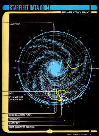Map—Milky Way Galaxy: a top-down chart of the galaxy showing the Galactic Core, Earth, and the approximate limit of explored space, with keyed regions for United Federation of Planets, Romulan Space, Klingon Space, and the Known Boundary of Borg Space.