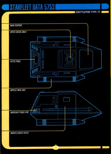 Shuttlepod Type 15 - Starfleet Data schematic showing top and side views, with callouts for the main viewport, upper sensor array, access panel, impulse drive unit, emergency purge vent, and ingress/egress hatch.